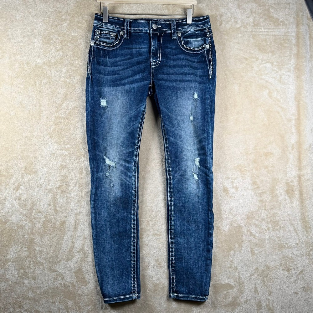 Miss Me Womens Size 30 Low Rise Skinny Distressed Embellished Jeans  Y2K Edgy